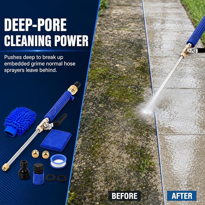 High Pressure Hose Nozzle, 2‑in‑1 Metal Water Jet Nozzle, High Pressure Power Washer Wand with 2 Different Tips, Quick Connectors for Cars, Patios, Decks & Outdoor Cleaning (Blue)