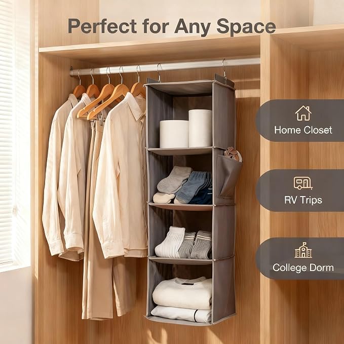 4-Tier Hanging Closet Organizer, Foldable Storage Shelves, Grey for Dorm RV | 4-tier hanging shelves for closets. Foldable, holds clothes & shoes. Fits dorms, apartments. Grey