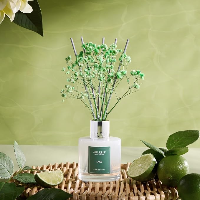 Reed Diffuser Set, 3.38 fl oz (100 ml) - Sage Lemon Oil Diffusers with 8 Reed Sticks, Home Fragrance Reed Diffuser for Bathroom Shelf Decor