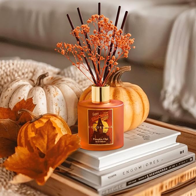 Reed Diffuser - Pumpkin Chai 6.7 fl oz Scented Diffuser with 8 Sticks Home Fragrance Bathroom Shelf Decor (Halloween Collection)
