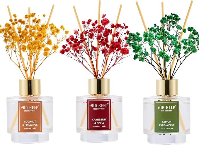Reed Diffuser Set of 3, Coconut Pineapple Lemon Eucalyptus Cranberry Apple Oil Reed Diffusers for Bedroom Living Room Office Aromatherapy Oil Reed Diffuser for Gift 50ml x 3