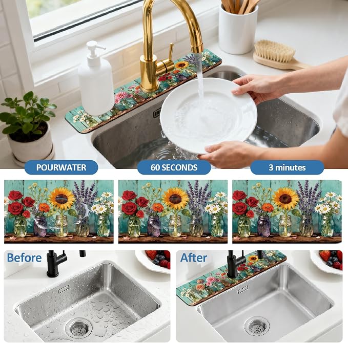 2 Pcs Kitchen Sink Splash Guard Faucet Mats Colored Glass Vases with Plants Pattern Faucet Mat for Sinks Roses Absorbing Drying Mat for Kitchen Bathroom, 23.6x5.5inch