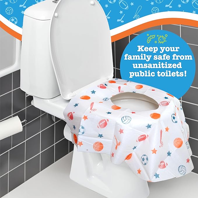 Toilet Seat Covers Disposable (6 Pack, Sports) - XL Waterproof Toilet Cover for Toddlers, Kids & Adults - Portable & Individually Wrapped for Travel, Potty Training & Public Restrooms