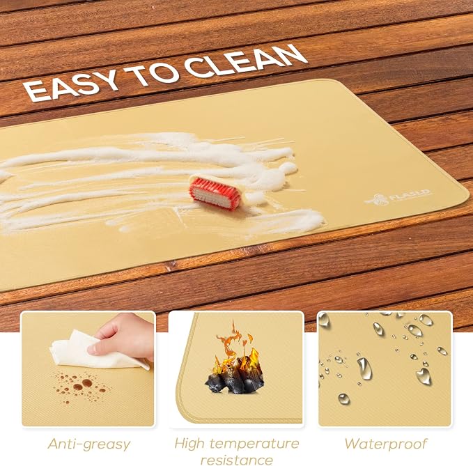 FLASLD Large Under The Grill Protective Deck and Patio Mat, 32 x 60 inches Oil-Proof, Fireproof Indoor Fireplace Mat Prevents Ember Damage Wood Floor, Khaki