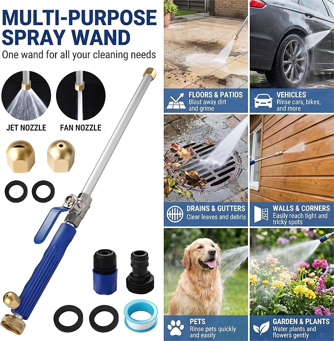 Jet Nozzle for Garden Hose, Metal Power Washer Wand with 2 Brass Nozzles, High Pressure Washer with Quick Connect Adapter for Car Wash, Patio, Window and Garden Watering（Black）