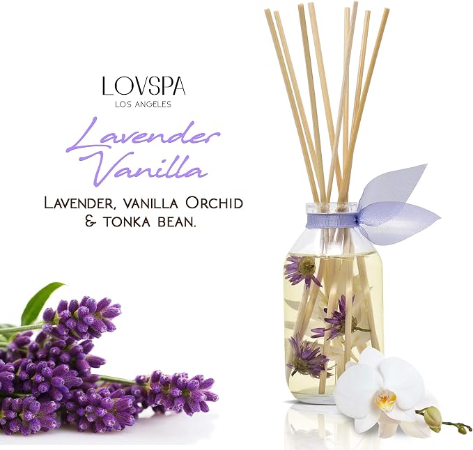 Reed Diffuser Set - Lavender Vanilla Scented Diffuser with Sticks | Home Fragrance Reed Diffuser for Bedroom, Bathroom Shelf Décor, with Real Botanicals in the Bottle - Made in the USA