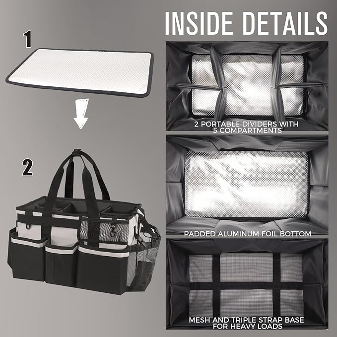 Wearable Cleaning Caddy, Cleaning Caddy Supplies Organizer with Handle & Shoulder Straps for Housekeepers, Under Sink & Car Cleaning Tool Organizers Bag with 4 Foldable Divider (Beige)