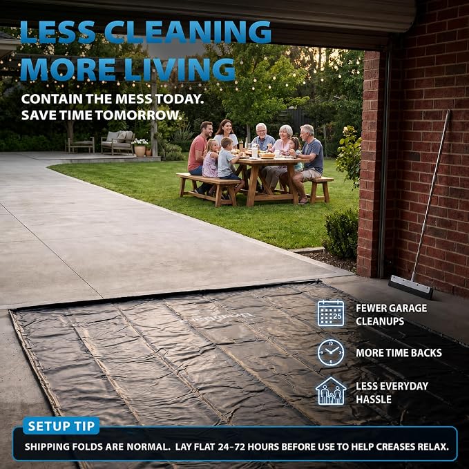 8'6" x 22' Garage Floor Mat, 610GSM PVC Containment Mat for Cars | Heavy-Duty, 1.2in Raised Edges, Waterproof Garage Protection, Non-Slip Design, Easy Hose Clean, Kit with Squeegee