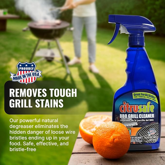 CitruSafe Grill Cleaning Kit - BBQ Grill Cleaner (16oz) and BBQ Grill Scrubber with 3 Heavy Duty Replaceable Scrubber Pads - Formulated to Safely Clean Burnt Food and Grease Off of Grill Surfaces