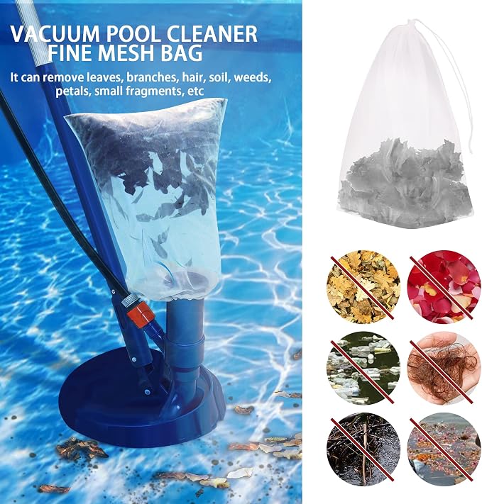 6Pack 24 * 16'' Pool Fine Mesh Filter Bags for Leaf Vacuum Pool Cleaners,Pool Vacuum Net Bag Replacement Bag with Pull & Lock Cord,Universal Fit,Holds Leaves,Debris