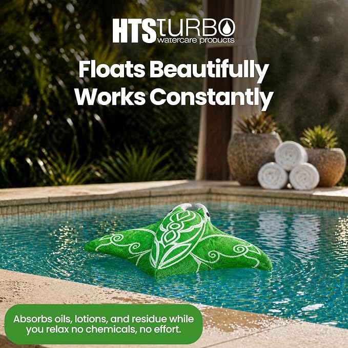 Swimming Pool & Swim Spa Scum Absorber - Green Oil Absorbing Stingray, Reusable Floating Sponge, 65% Recycled Materials, Machine Washable, Inground & Above Ground Pools