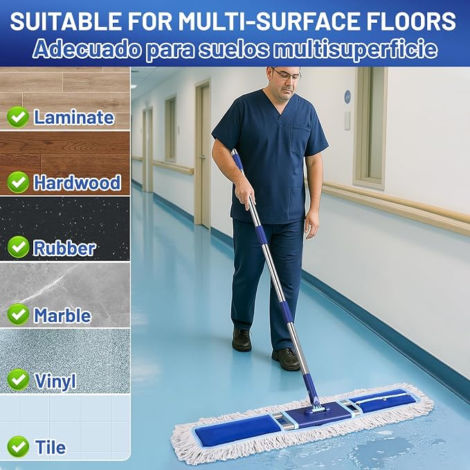 36" Commercial Dust Mop: Dust Broom for Hardwood Floors Cleaning | 2 Pcs Cotton Mop Pads, 59" Long Handle, Heavy Duty Frame, Industrial Professional Cleaning Supplies, Blue
