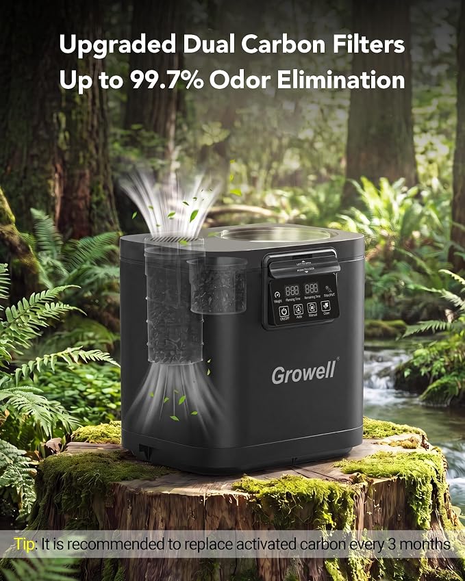 Growell 4L Electric Composter for Kitchen, Countertop, Indoor Compost Bin | Dual Carbon Filter, Auto-Clean, Long-Life Brushless Motor, LED Touch Panel, <40dB, Visible Window, Food Wast Recycler, Black