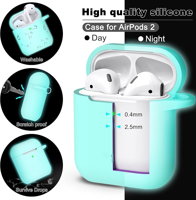 R-fun for AirPods 1/2 Case, Soft Silicone Protective Cover with Keychain and Cleaning Pen, Compatible with AirPods 2nd/1st Generation (2016/2019), Full Drop Protection Cover, Glow Blue