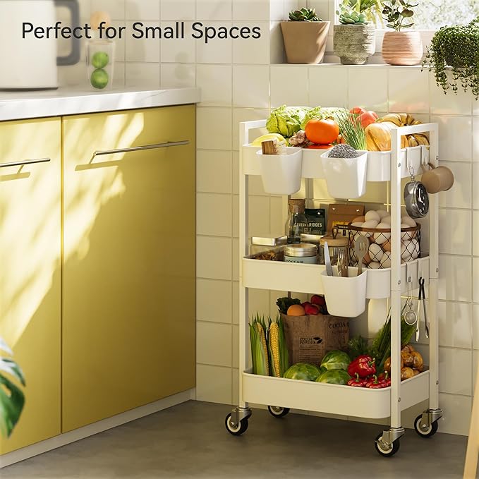 3 Tier Rolling Cart,Utility Cart with Locking Wheels, Hanging Cups,&Hooks, Heavy Duty Metal Storage Organizer Cart for Kitchen,Office, Bathroom,Craft Room,White