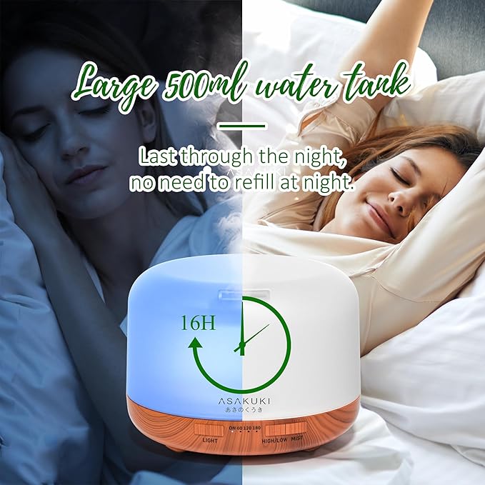 ASAKUKI Oil Diffuser with Essential Oils Set, 500ml Aromatherapy Humidifier | with 14 LED Colors & Auto Shut-Off - 6 Oil Gift Pack(Lavender Eucalyptus Tea Tree Orange Peppermint Lemongrass)