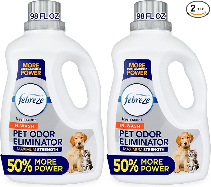 Febreze Laundry Detergent Additive for Pet Supplies,Maximum Strength In Wash Pet Odor Eliminator,Designed to Remove Tough Odors in Fabrics and Clothing-in a Wash,Fresh Scent,98 fl oz,(Pack of 2)