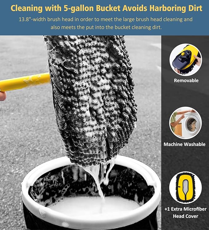 YeewayVeh Car Wash Brush Mop, 55" Long Handle, 15° Curved, Yellow & Black | Extra Microfiber Mop Head, Extension Pole, Scratch-Free Auto Cleaning Kit for Truck, SUV & RV