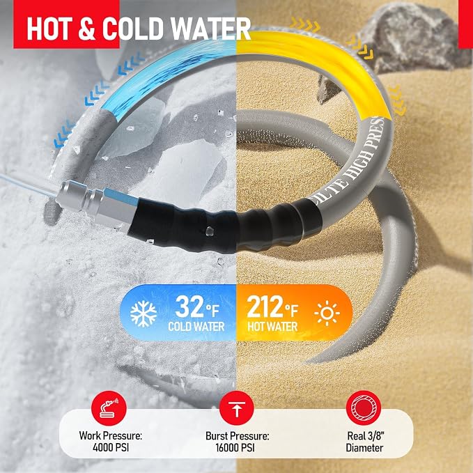 SPECILITE 75FT X 3/8" Pressure Washer Hose for Hot & Cold Max 212℉, 4000 PSI High Durability Steel Braided Layer Power Washer Hoses with 2 M22-14mm QC Adapters, Heavy Duty and Kink Resistant