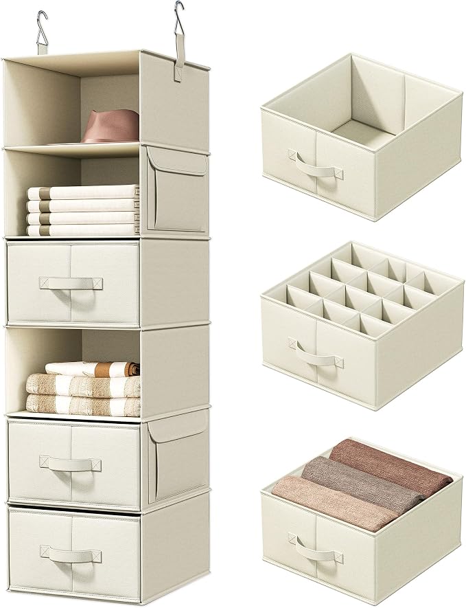 Vailando 6-Shelf Hanging Closet Organizer with 3 Fabric Drawers, Beige | Removable Fabric Drawers, Side Pockets, Reinforced Structure, Space-Saving Storage for Clothes, Nursery and Dorm Rooms