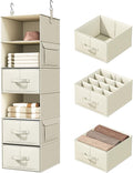 Vailando 6-Shelf Hanging Closet Organizer with 3 Fabric Drawers, Beige | Removable Fabric Drawers, Side Pockets, Reinforced Structure, Space-Saving Storage for Clothes, Nursery and Dorm Rooms