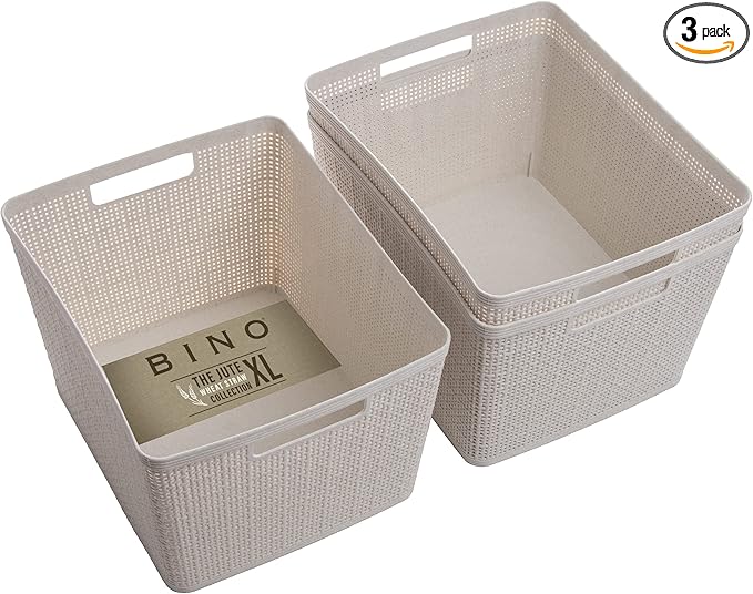 BINO Woven Plastic Basket | Large (Natural), 3-Pack | THE JUTE COLLECTION | Home Organization, Space-Saving Storage, Stylish Design | Plastic Storage Basket