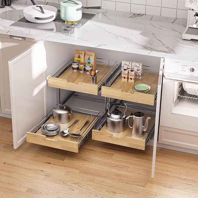 Pull Out Cabinet Organizer,Heavy-Duty Slide Out Shelf, Wood and Wire Basket, Pull Out Drawer for for Kitchen Under Sink Space, Pantry, Bathroom, 2 Tie 11 * 21 in