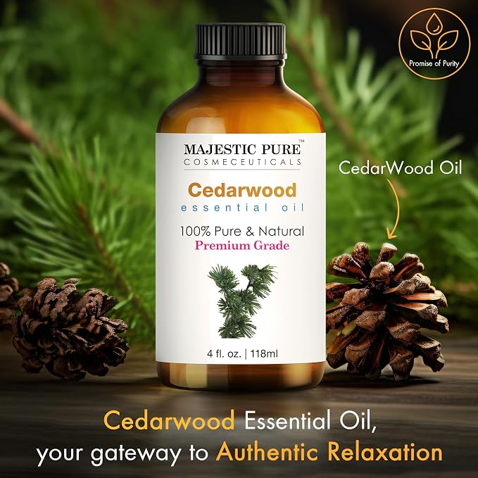 Majestic Pure Cedarwood Essential Oil for Diffuser - 4 Fl Oz | 100% Natural Essentials Oils for Aromatherapy, Massage, Steam inhalation, Air Freshing, Soap and Candle Making