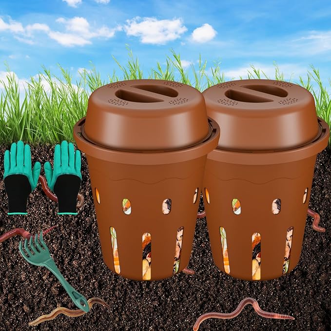 Inground Worm Composter, Mini Underground Worm Farm for Garden Beds, Outdoor Worm Compost Bin for Food Waste, Vermicomposting Bin for Beginners, Elderly, Children (7x7x7.4Inch), Tan, 2-Pack