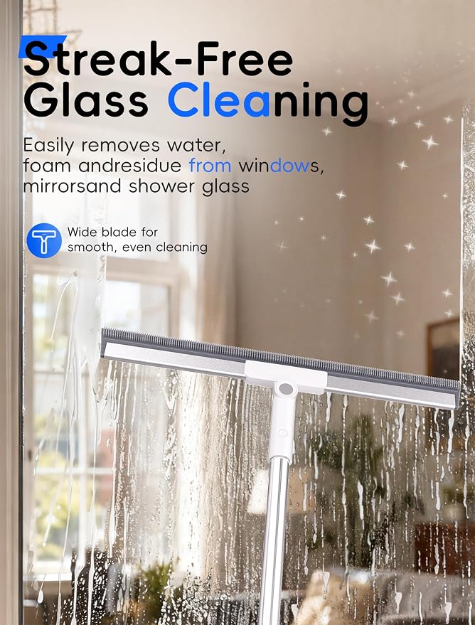Floor Squeegee Broom with Long Handle, Heavy Duty Rubber Squeegee Kit, Scrubber for Tile Floor, Garage, Concrete with 2 Long Handles, 2 Squeegee Heads & 1 Cloth (Textured Blade 2-Pack)