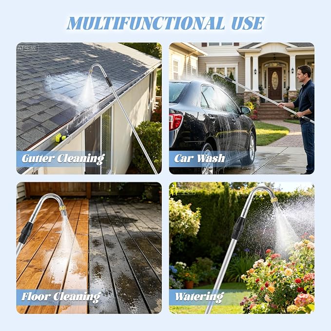 20FT Reach Gutter Cleaning Tools from Ground, 12FT Telescoping Gutter Cleaning Wand with 360° Rotating Metal Nozzle, Brass Valve, Hose Attachment for Garden Hose