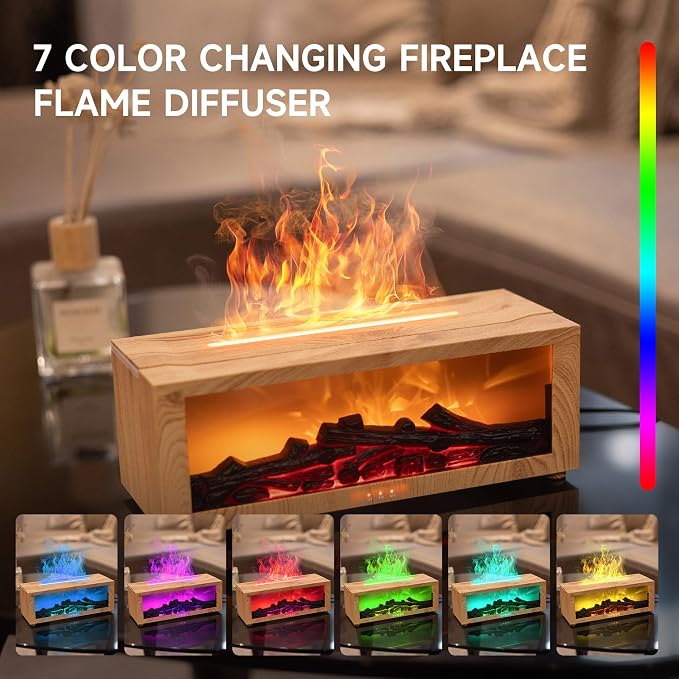 TMEHM Fireplace Flame Essential Oil Diffuser Humidifier, Aromatherapy | Ultrasonic Mist with 7 Colors and Timer for Home, Bedroom, Office, and Yoga
