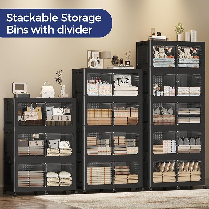 120GAL Storage Bins with Lid and Wheels, Stackable Closet Organizers and Storage Drawer, Collapsible Storage Box with Dividers, Foldable Plastic Cabinets Cubes Totes for Garage, 3 Pack Black