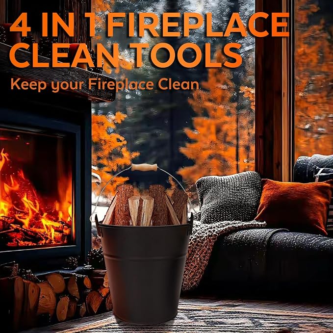 3.5 Gallon Ash Bucket with Lid and Shovel, Metal Fireplace Ash Bucket with Broom, Complete Fireplace Tools Set for Wood Stove and Fireplace