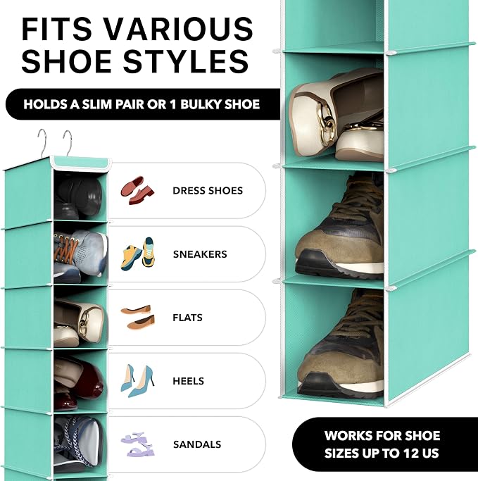 Simple Houseware 10 Shelves Closet Hanging Shoe Organizer, Turquoise | Dual Metal Hooks, Holds Up to 20 lbs, for Narrow Space