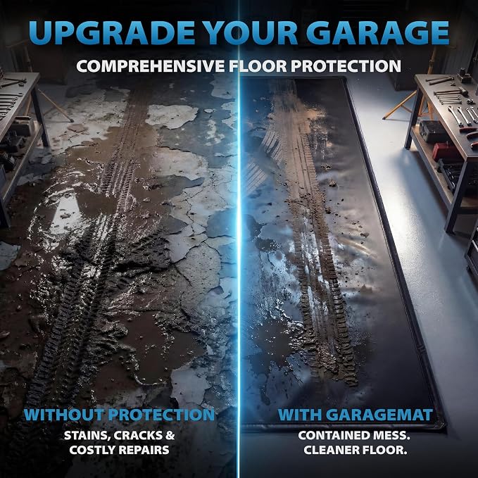 8'6" x 20' Garage Floor Mat, 610GSM PVC Containment Mat for Cars | Heavy-Duty, 1.2in Raised Edges, Waterproof Garage Protection, Non-Slip Design, Easy Hose Clean, Kit with Squeegee