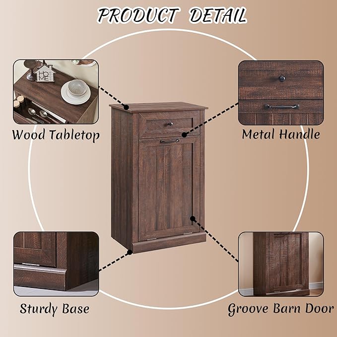 Tilt Out Laundry Hamper Cabinet, 10 Gallon Farmhouse Trash Can Cabinet with Drawer, Hidden Wood Garbage Can Bin Cabinet with Laundry Storage Basket for Bathroom, Kitchen, Brown