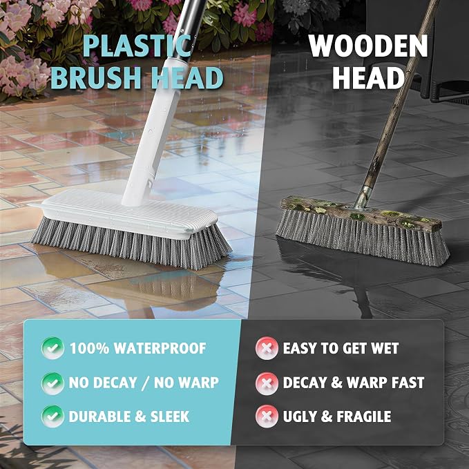 AIR U+ Concrete Scrub Brush, Long Handle, 7-Row Wire Bristles, Squeegee | Removes moss, algae and tough buildup from patios, driveways, pavers and garage floors, focused control for edges and steps