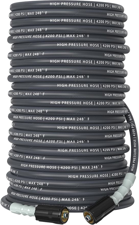 Pressure Washer Hose 200 ft, 4200 PSI Flexible & Kink-Resistant, Steel-Braided & Durable, High Power Washer Hose with M22-14mm Stainless Steel Plug, Hot/Cold Water Compatible - 100 Foot, Gray