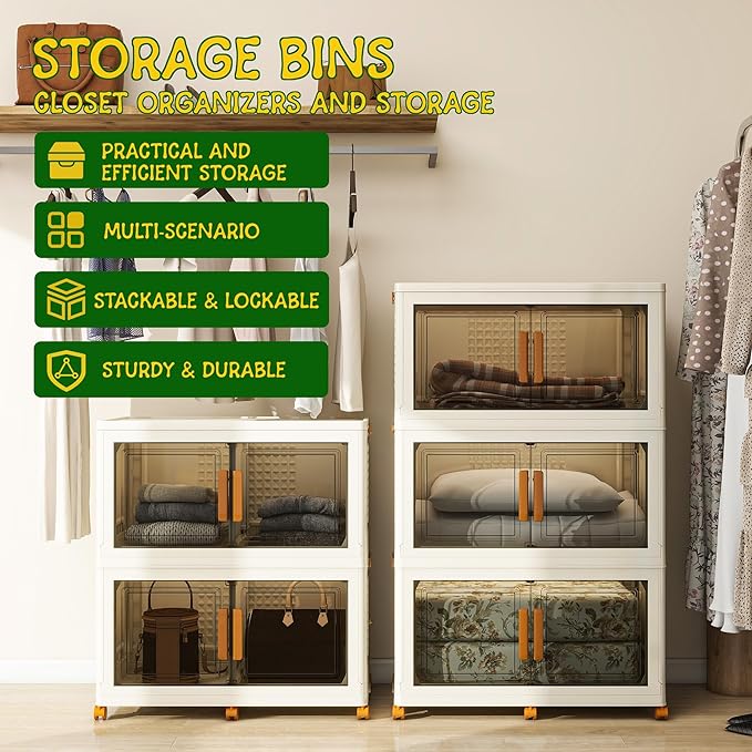 2 Tier Extra Large Stackable Storage Bins with 1 Lid 155 QT/Tier, Collapsible Plastic Box Storage with Wheels, Home Containers Boxes Closet Organizers for Living Room, Office, Dorm