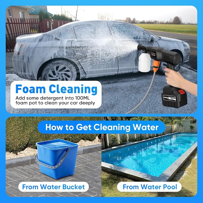 Portable Cordless Pressure Washer, 600PSI Brushless Handheld Wash Machine | 3.0Ah Rechargeable Battery Powered Pressure Washer, 6-in-1 Nozzle with Standard Nozzle for Car Floor Wall Fence Pet Cleaning