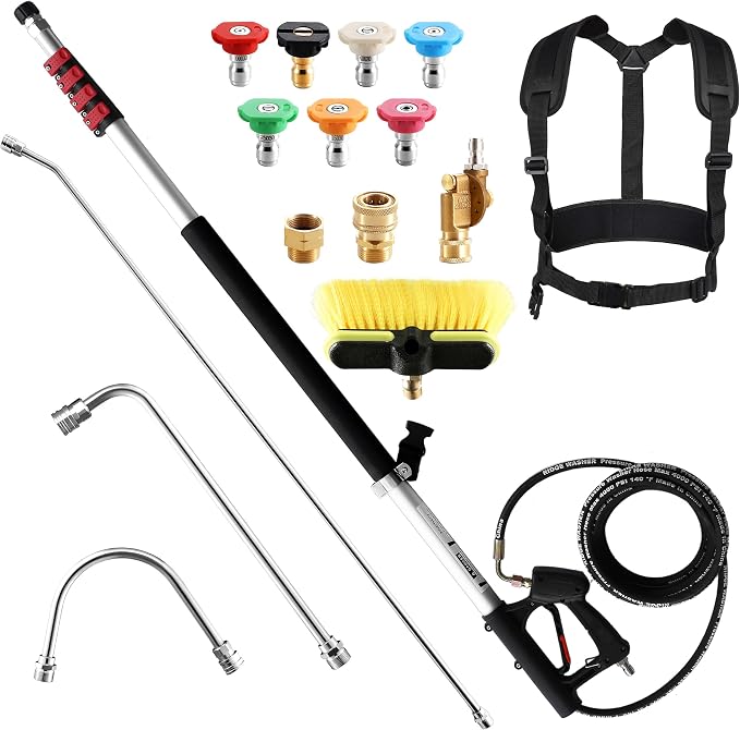 RIDGE WASHER 24 FT Telescoping Pressure Washer Wand, with Brush, 4000 PSI | Telescopic Gutter Cleaner With 3 Stainless Steel Curve Wands, Adjustable Support Belt, 7 Nozzles