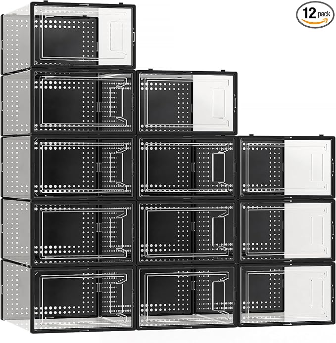 12 Pack X Large Shoe Storage Organizer for Closet, Modular Space Saving Shoe Boxes Clear Plastic Stackable Containers Display Case Bins with Lids, Black