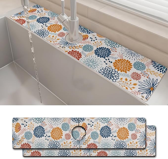 2PCS 24" X 5.5" Kitchen Sink Splash Guard Faucet Mat Mandala Super Absorbent Fast Drying Faucet Guard & Draining Mat Sink Splash Guard Behind Faucet for Kitchen, Bathroom