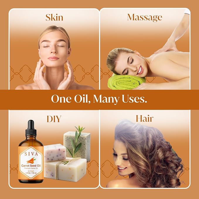 SIVA Carrot Seed Carrier Oil, Glass Bottle with Dropper, 4 Fl Oz (118 ml) | Carrot Seed Oil for Face Care, Skin Care, Facial Oil, Hair Care, Scalp Massage, Body Massage, Dilution & DIY Beauty Blends