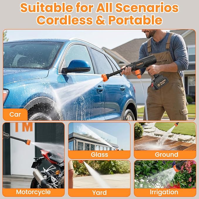 Cordless Pressure Washer, 1200 PSI Portable Power Washer with 6-in-1 Nozzle | 2*21V Batteries, Battery Powered Handheld Pressure Washer Cleaning Tool for Car Wash, Garden, Patio, Home