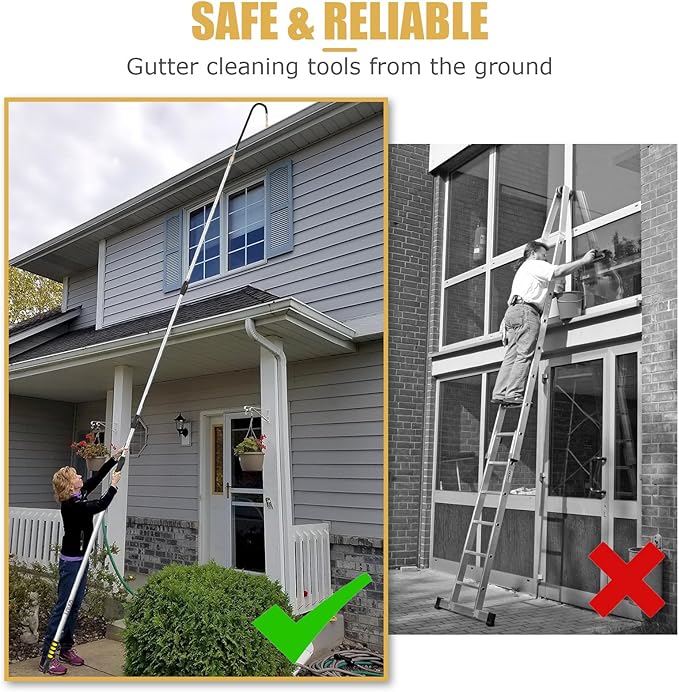 24FT Reach Gutter Cleaning Tools from The Ground, Telescopic Rain Gutter Cleaner Tools, Gutters Cleaning Pole with Garden Hose Attachment and Bendable Sprayer Wand