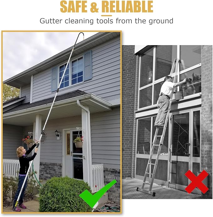 16FT (24ft Reach) Telescopic Gutter Cleaning Tools from The Ground, Rain Gutter Cleaners Tool with Hose Copper Attachment, Long Reach Gutters Cleaner Wand with Extension Pole