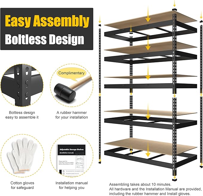 PrimeZone 5 Pack Heavy Duty Storage Shelves - 47" W x 18" D x 71" H 5 Tier Adjustable Garage Storage Shelving, Metal Storage Utility Rack Shelf Unit for Warehouse Pantry Closet Kitchen, Black
