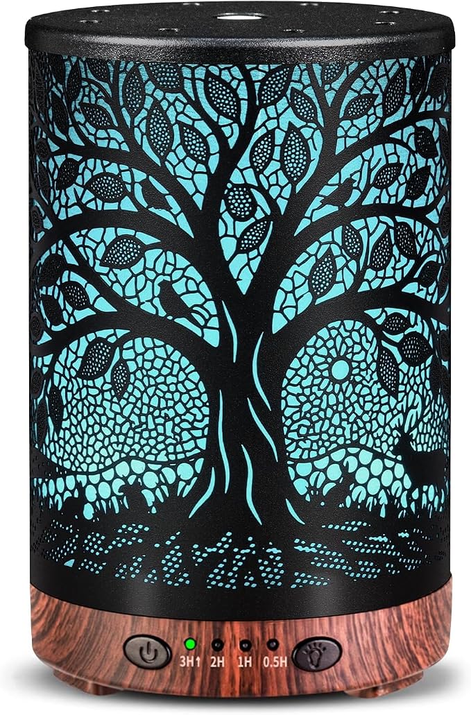 Essential Oil Diffuser, 120 ml Aromatherapy Diffuser with 7 Color Lights, Auto Shut-Off and 4 Timer Settings, Ultrasonic Cool Mist Diffuser for Home Room Office (Harvest Tree)